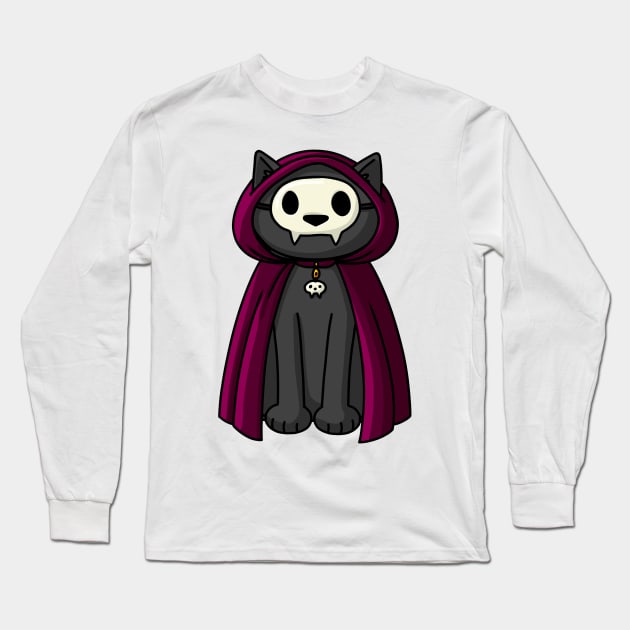 Black cat in robe and skull mask Long Sleeve T-Shirt by Doodlecats 